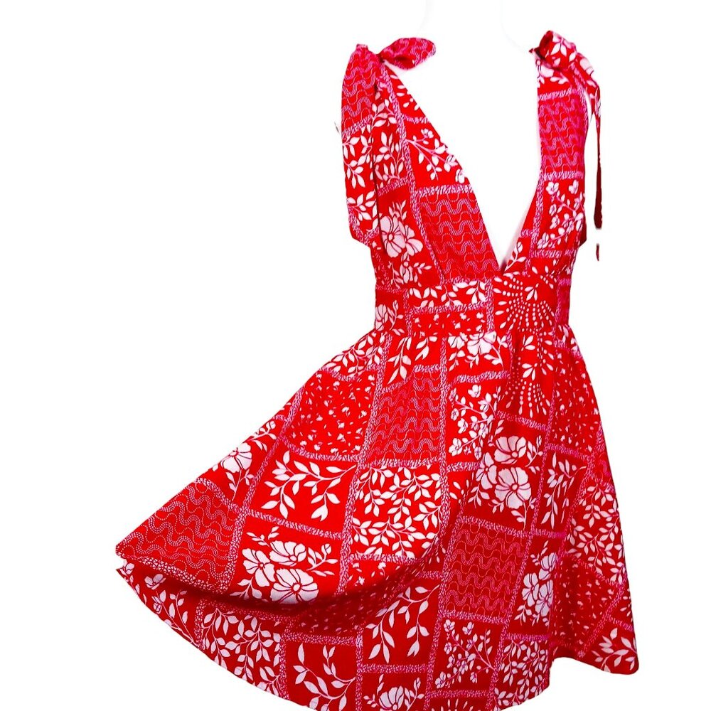 House of Harlow 1960, Small, Mini Sundress, Red/White, Tie Shoulders, Linen Blen - Picture 2 of 16